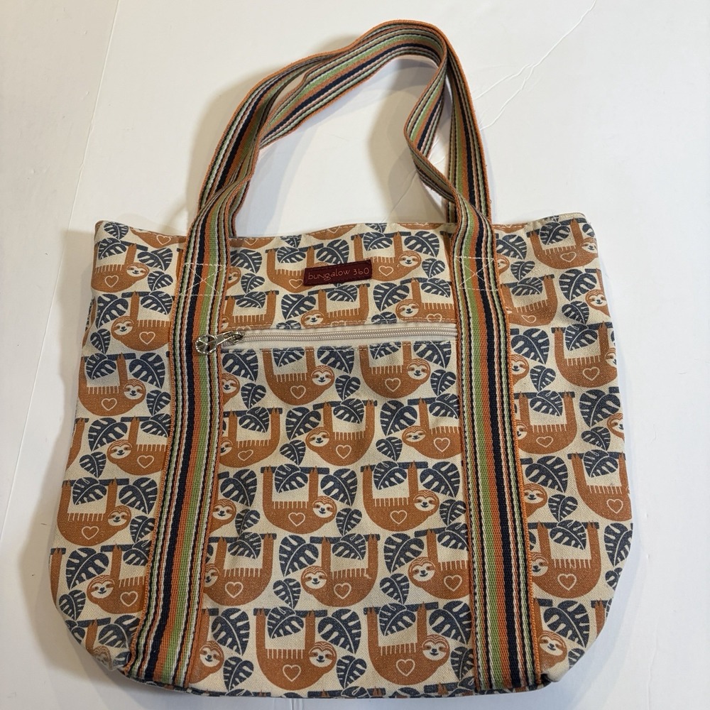 Bungalow 360 Vegan Striped Tote Bag Sloth Zippered